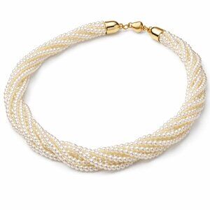 Simulated White Pearl Multi Row Twisted Necklace in Goldtone 23 Inches